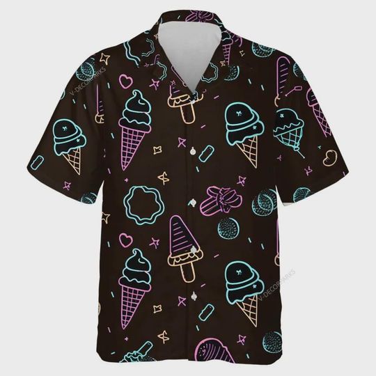 Neon Ice Cream Hawaii Shirt, Hologram Food 3d Printed Unisex Aloha Shirt, Summer Beach Shirt, Family Matching Clothing, Gifts for Father Day