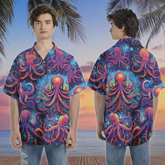 Neon Octopus Unisex Hawaiian Shirt, He'e Tako 3d Aloha Button Down Shirt, Vibrant Summer Beach Shirt, Ocean Animal Short Sleeve Hawaii Shirt