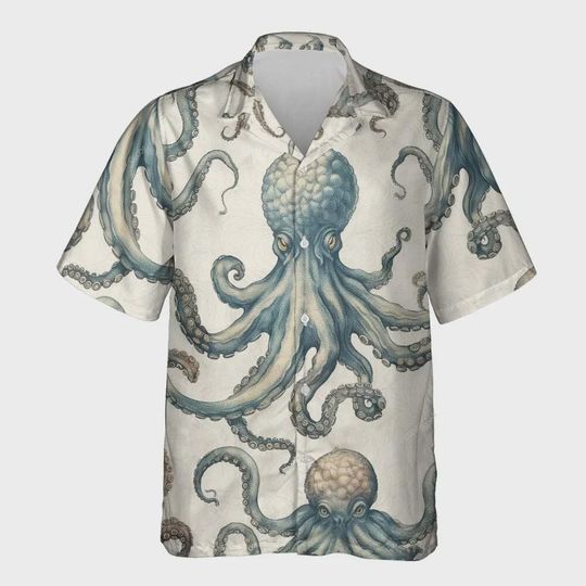 Creepy Octopus Unisex Hawaiian Shirt, Mildy Color 3d Aloha Button Down Shirt, Summer Beach Shirt, Short Sleeve Hawaii Shirt, Retro Clothing