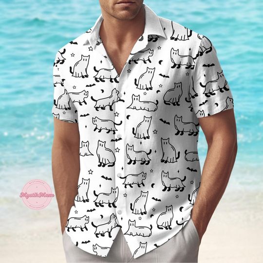 Ghost Cat Button Shirt, Boo Cat Hawaiian Shirt, Cute Cat Summer Shirt, Funny Animal Shirt, Family Vacation Shirt, Pet Lovers Gift
