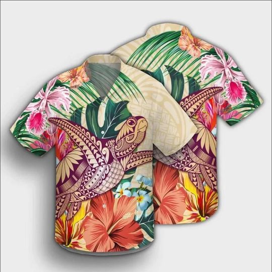 3D Hawaii Tropical Hibiscus Turtle Beige Hawaiian Printed Shirt, Beach Shirt, Unisex Shirt, Summer Party Wear, Vibrant Holiday Print