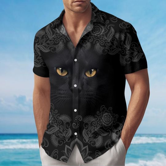 Black Cat Button Shirt, Cute Cat Hawaiian Shirt, Black Cat Shirt, Funny Animal Aloha Shirt, Family Vacation Shirt, Pet Lovers Gift