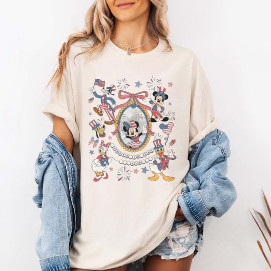 Discover Retro Coquette Bows Mickey and Friends Party in The USA Shirt, Happy Independence Day 2025 Tee, Disney 4th of July Shirt, Patriotic USA Flag