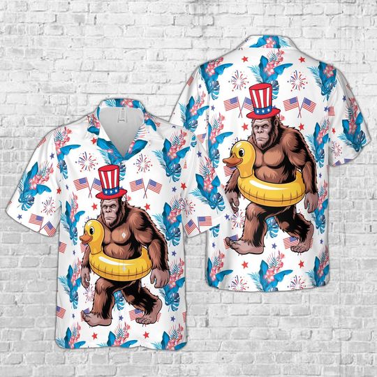 Funny Bigfoot 4th Of July Hawaiian Shirt, Independence Day Party Button Up Shirt, Red White And Blue Sasquatch Shirt, Holiday Party Gift