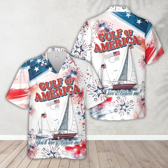 American Flag Sailboat & Fireworks Gulf Of America 4th Of July Hawaiian Shirt