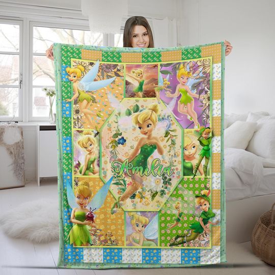 Personalized Name Disney Tinker Bell Blanket, Magic Kingdom Fleece Mink Sherpa Blanket, Personalized Name Blanket, Gift For Fans