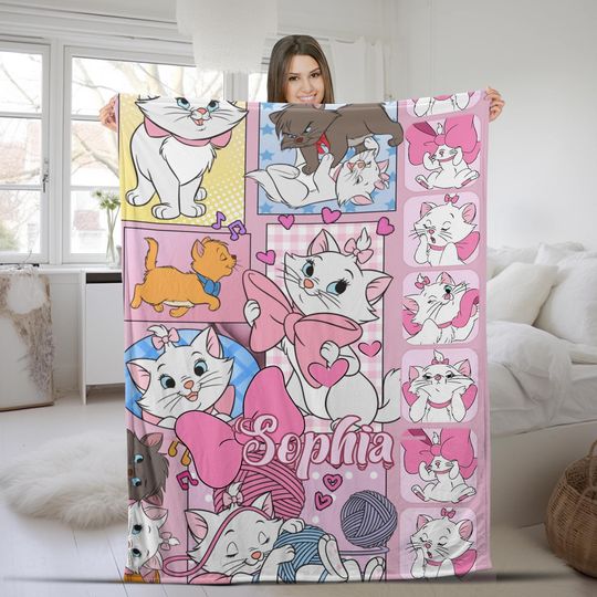 Personalized Disney The Aristocats Marie Blanket/Custom Name Cat Lovers Baby Girl Blanket/Life Is Better With A Cat/Cat Mom Dad Gifts