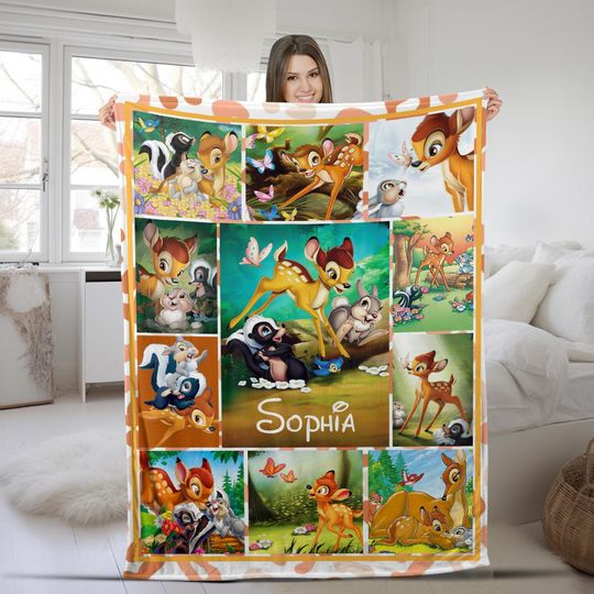 Personalized Watercolor Disney Bambi Blanket, Custom Name Bambi Birthday Boy/Girl WDW Disneyland Thumper Friend Owl Mrs. Rabbit Gifts