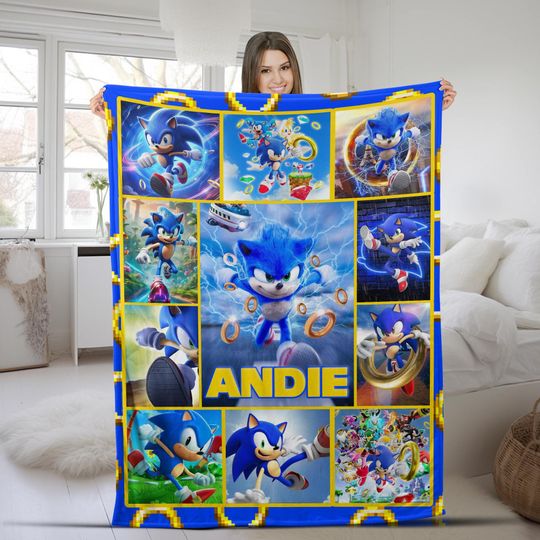 Custom Sonic The Hedgehog Blanket, Personalized Cartoon Hedgehog Minky Sherpa Blanket, Custom Name Blanket, Sonic Birthday Blanket