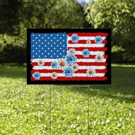 4th of July Flower Yard Sign with H Stake, Jesus Christian American Decor