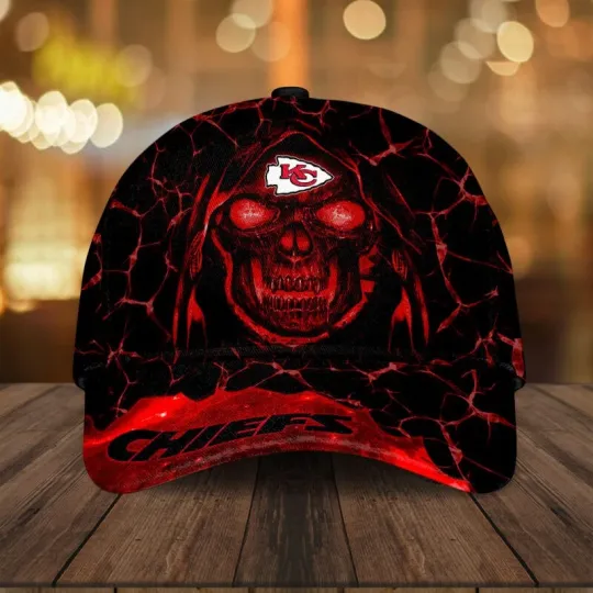 Kansas City Chiefs Inferno Reaper Skull Cap - Cracked Grunge Fan Hat Gift