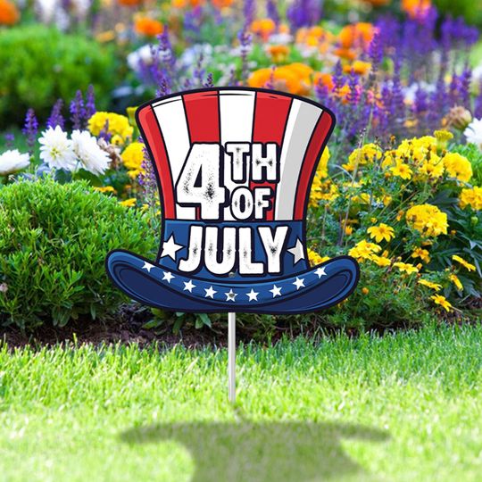 4th of July Garden Sign, Patriotic Hat Yard Decoration, Red White Blue Outdoor Decor for Independence Day Celebration, Independece Day Decor