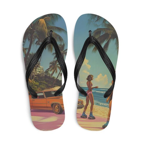 Discover Neon Palm Flip Flops  Vaporwave Cyberpunk Sandals, Retro 80s Y2K Beachwear Slides, Trendy Summer Footwear
