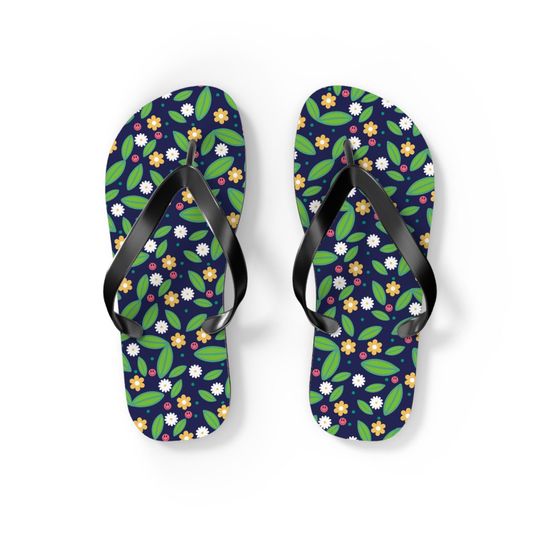 Spring Floral Flip Flops, Summer Beach Sandals, Spring Print, Smiley Face, Footwear, Pretty Sandals, Garden Party Slippers
