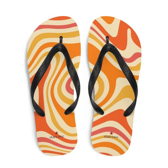 Funky Flip Flops, Groovy Orange Psychedelic Comfortable Footwear Thong Sandals Summer Woman Men Beach Rubber Slip On Shoes