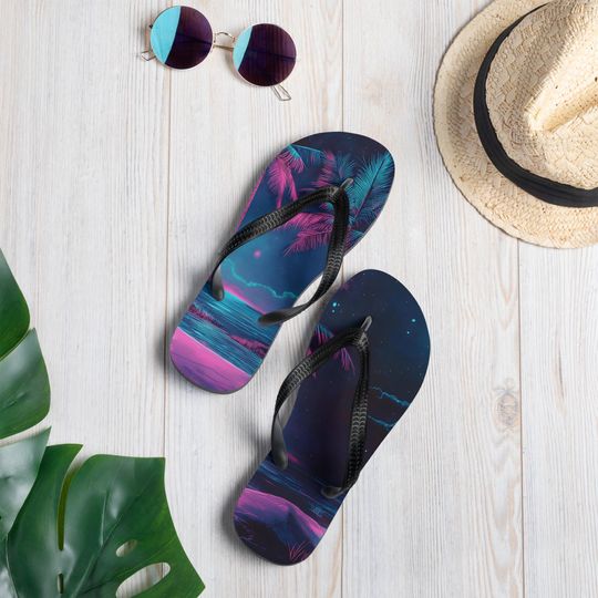 Neon Beach Flip Flops | Vaporwave Aesthetic Sandals | Retro Cyberpunk Shoes | 80s Y2K Summer Footwear | Trippy Synthwave Slides
