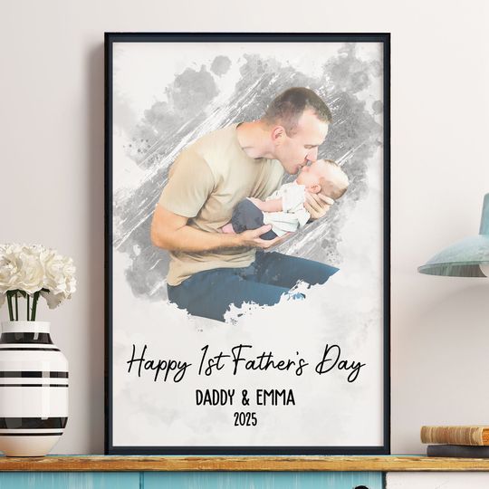 Watercolor Style Happy 1st Father's Day - Personalized Photo Poster