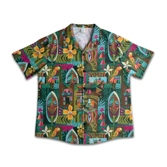 Tiki Mask Hawaiian Shirt Mens Summer Camp Collar Luau Beach TikiLand Day 2025
