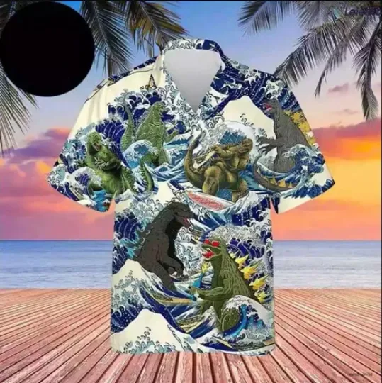 god zilla Surfing Funny 2024 Trending Beach Hawaiian Shirt Size S-5XL