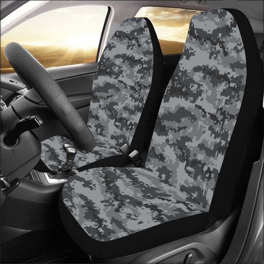 Grey Digital Camo Car Seat Covers (Set of 2), Dark Camouflage Front Seat Cover Vehicle SUV Truck RV Dog Seat Protectors Accessory