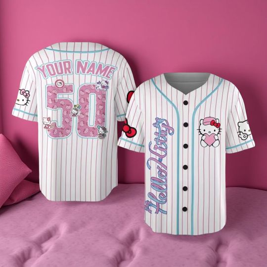 Custom Ice Cream Baseball Jersey, Personalized Name Number Shirt, Cute Kitty Cartoon Sports Jersey Gift for Her, Mom, Girl, or Kids