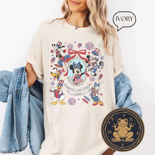 Discover Retro Coquette Bows Mickey and Friends Party in The USA Shirt, Happy Independence Day 2025 Tee, Patriotic USA Flag, Disney 4th of July Shirt