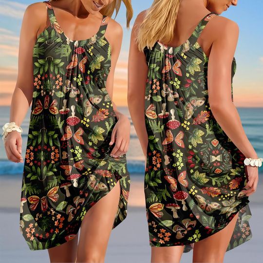 Vintage Mushroom Sling Summer Dress, Butterflies Women Dress, Nature Love Beach Dress, Mushroom Collector Vacation Dress, Gift For Her