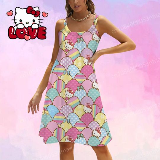 Cartoon Hello Kitty Summer Sleeveless Beach Dress Women's Kawaii Fashion