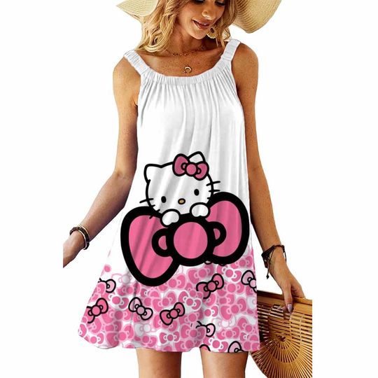 Hello Kitty Print Sleeveless Beach Dress - Summer Casual Cartoon Women's Dress 2025