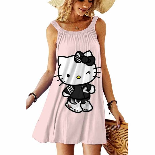 Korean Style Women's Elegant Hello Kitty Print Sleeveless Summer Dress