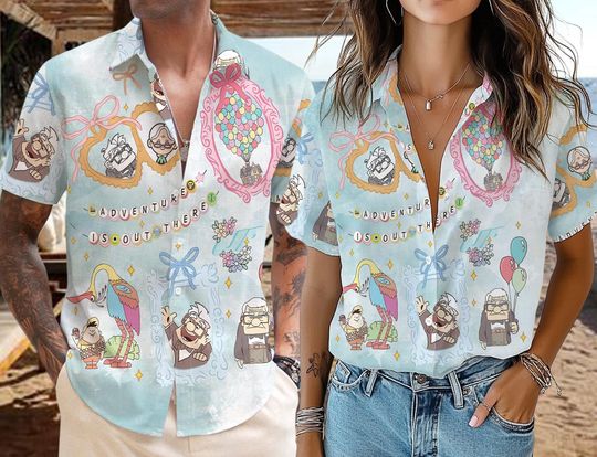 Pixar Up Hawaiian Shirt, Coquette Bow Disney Hawaiian Shirt, Adventure is Out There, Carl and Ellie Shirt, Disney Trip 2025 Shirt