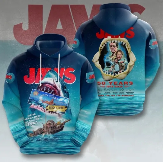 Jaws 3D Hoodie 50 Years 1975-2025 Fan Gift All Sizes