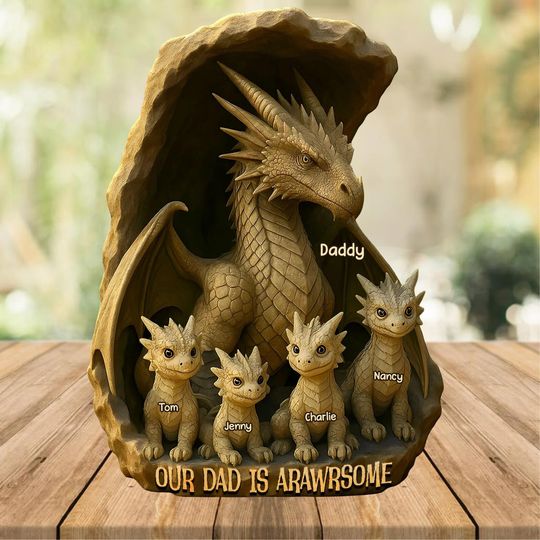 Personalized Dad Dragon Acrylic Plaque, Happy Father's Day With Custom Nam Kids Shaped Plaque, Funny Dragon Gift For Daddy