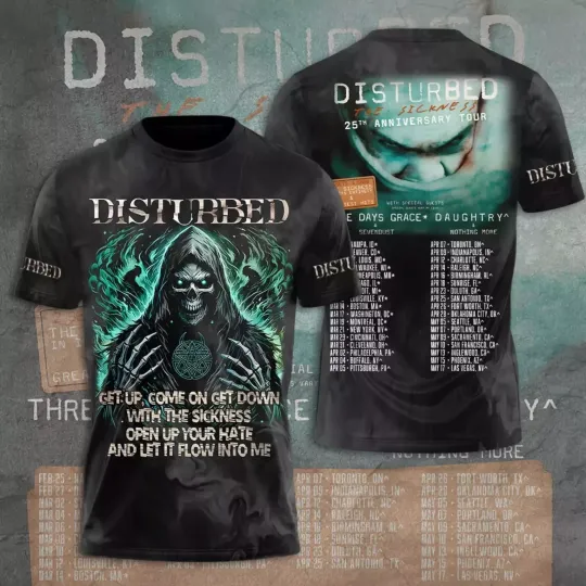 Discover Disturbed 2025 Tour Date 3D Printed T-Shirt