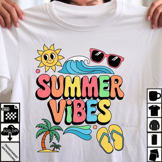 Discover Colorful Summer Vibes  | Retro Summer Shirt Design | Beach Clipart for Sublimation | Flip Flops, Sun, Palm Tree, Wave Art