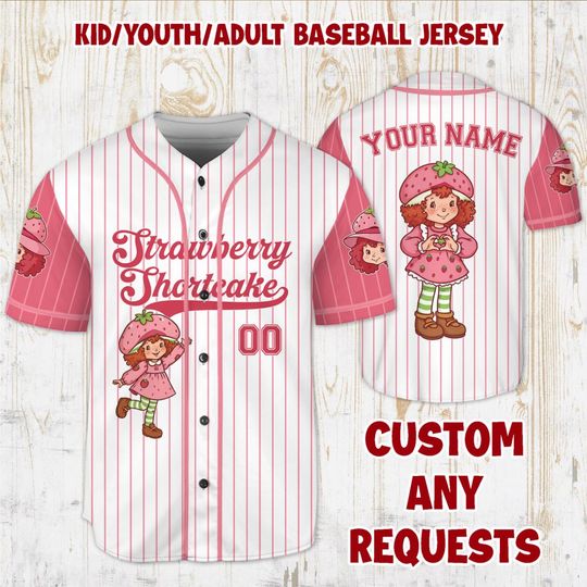 Custom Name Strawberry Shortcake Baseball Jersey, Gift for Kids, Gift For Baseball Fans, Sweet Girl , Strawberry Birthday Gift