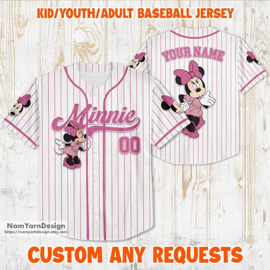 Personalized Minnie Mouse Baseball Jersey, Custom Disney Minnie Baseball Jersey , Custom Name Number Adult /Youth/ Kid Baseball Jersey