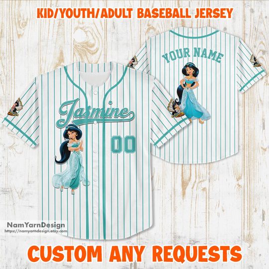 Custom Disney Princess Jasmine Baseball Jersey  Princess for Kids, Youth & Adults Jersey , Disney Magic Kingdom Family Matching Shirt