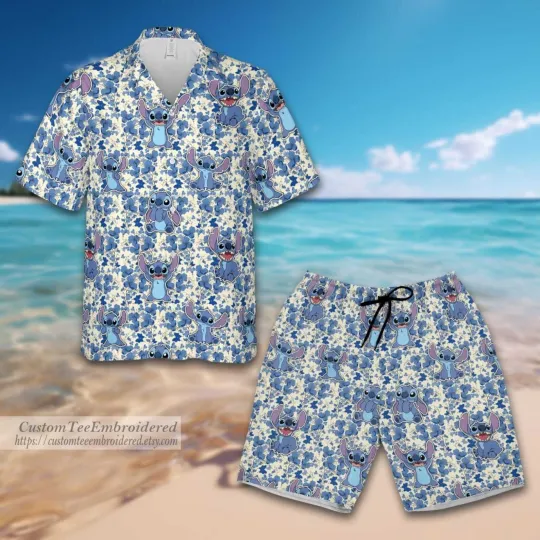 Retro Stitch Aloha Floral Hawaiian Shirt, Lilo and Stitch Hawaiian Shirt And Short