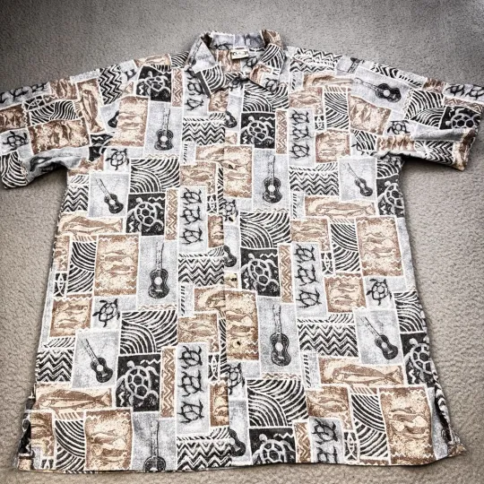 GO BAREFOOT ALOHA Shirt Mens XL Beige Blue Honu Tapa Turtle Reverse Print USA