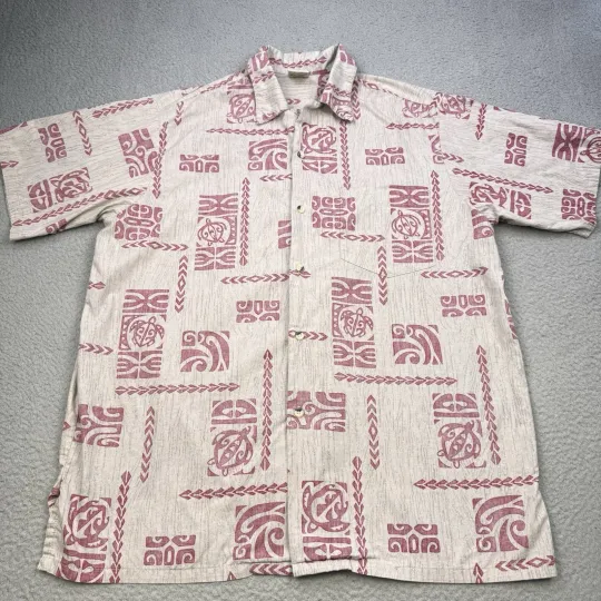 GO BAREFOOT ALOHA Shirt Mens XL Beige Maroon Honu Tapa Turtle Reverse Print USA