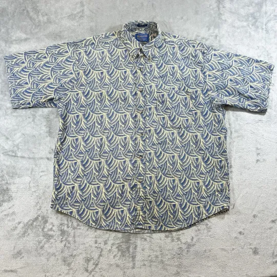 Pendleton Men’s Short Sleeve Button Shirt Hawaiian Bamboo Large Geometric Blue