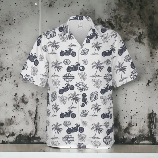 Harley Davison Hawaiian Shirt, Button Down Shirt Vintage Light Grey All Sizes