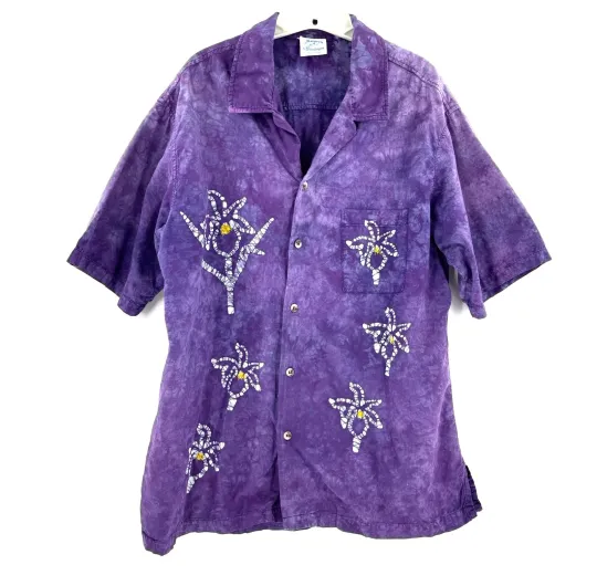 Vintage Tie Dye Hawaiian Shirt Men's Large Purple Floral 80s 90s USA Made Rare