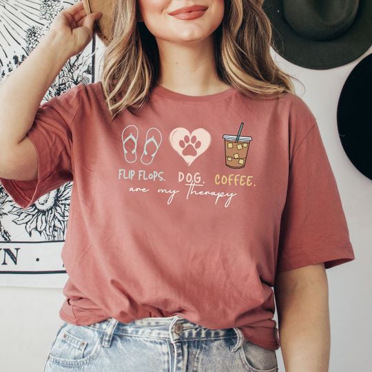 Flip Flops Dog Coffee Lover Shirt, Cute Beach Lover Gift For Dog Mom Funny Vacation Workout Shirt For Women Coffee and dog lover Summer Tee