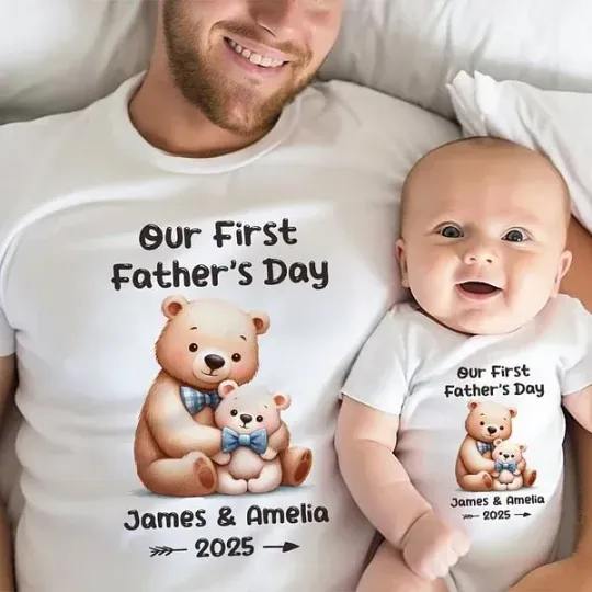 Personalised Cute Bear Our First Father's Day 100% Cotton T-shirt Baby Bodysuit with Name and Year Birthday Gift for Baby Daddy