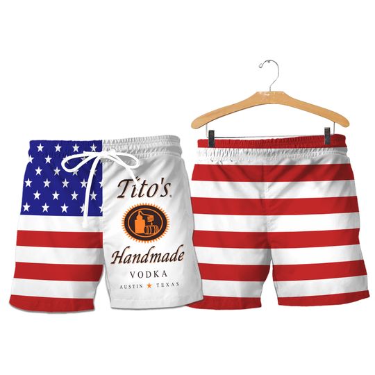 Titos Handmade Vodka Men's Swim Trunks | American Flag Swim Shorts & Bathing Suit | Summer Beach Wear