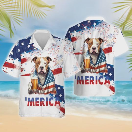 Merican Pitbull Hawaiian Shirt For Men, American Flag Summer Beach Shirts, 4th Of July Button Down Short Sleeve Shirts, USA Dog Beer Shirts