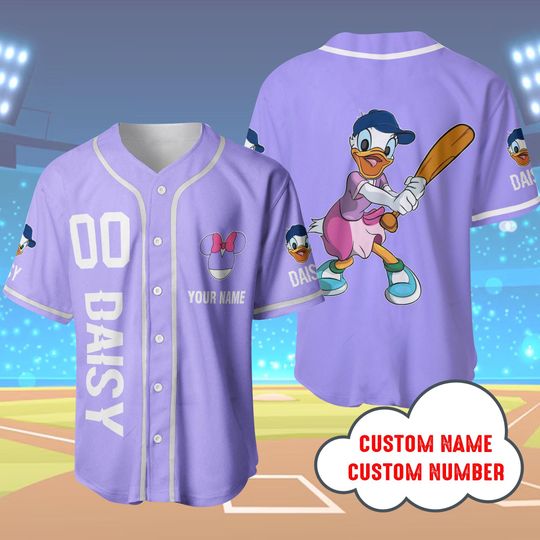 Customized Daisy Duck Purple Baseball Jersey, Unisex Baseball Jersey Disneyland Family Matching shirt, Cartoon Baseball Tee for Kid & Youth