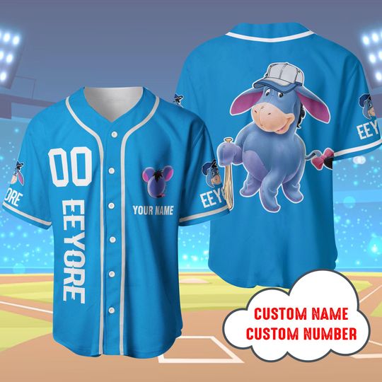 Customized Eeyore Donkey Blue Baseball Jersey, Unisex Baseball Jersey Disneyland Matching shirt, Eeyore Cartoon Baseball Tee for Kid & Youth